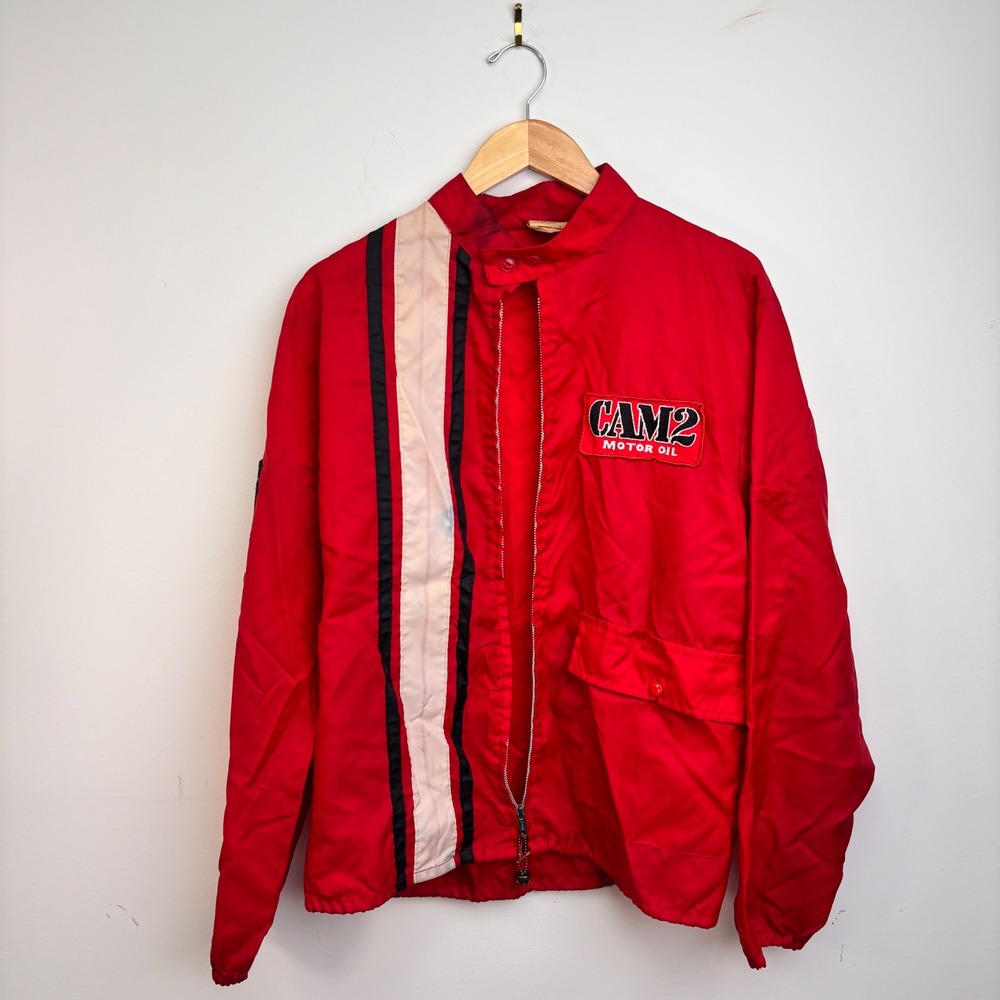 Vintage 70s CAM2 Motor Oil Penske Racing Jacket Red Horizon USA Made Large